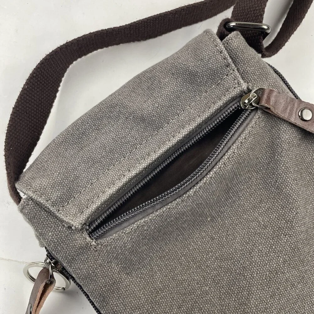 Sechunk Travel Crossbody Shoulder Bag Gray Canvas Front Flap Multiple Pockets